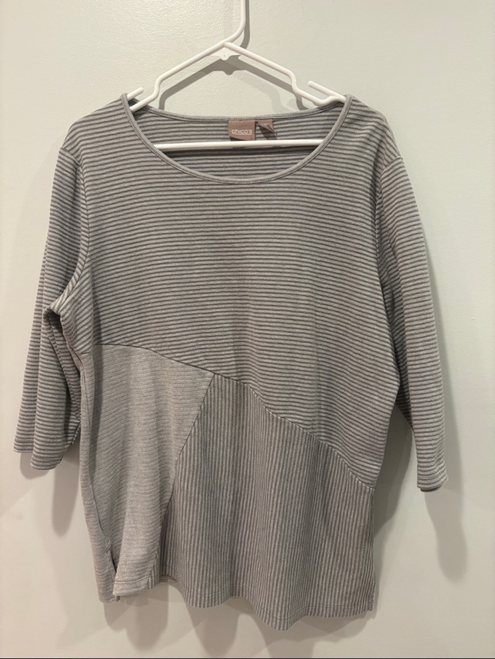 Chico's Light Gray Striped Patchwork Long Sleeve Top
